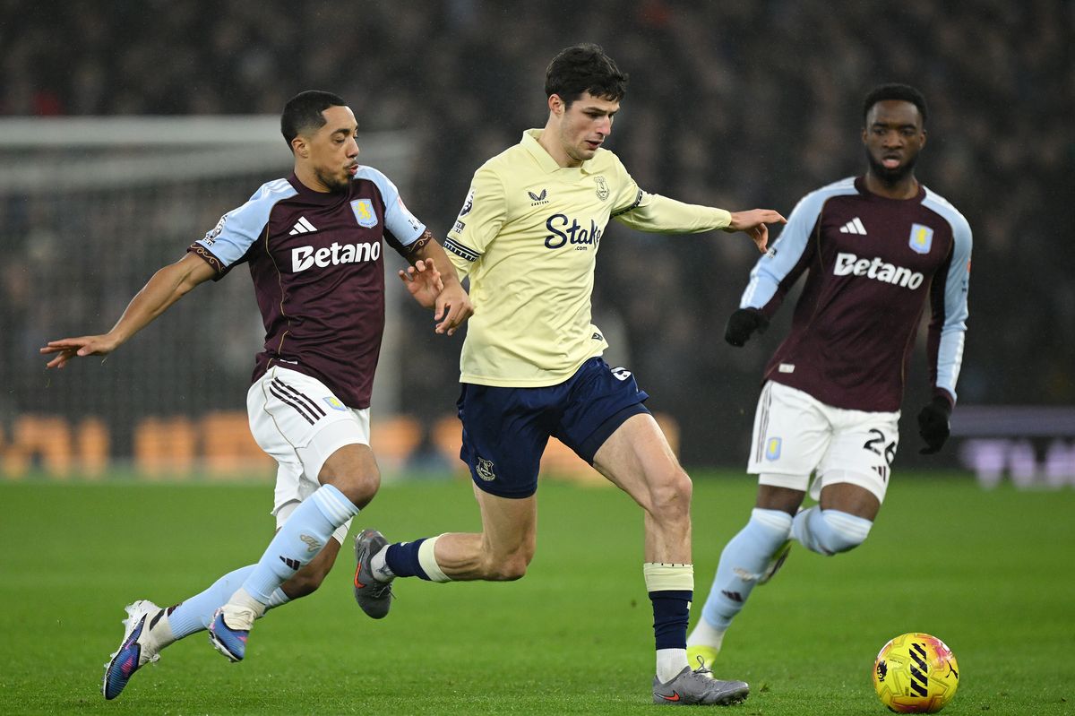 Merlin Roehl is challenged by Youri Tielemans of Aston Villa during the Premier League match at Villa Park. Photo by Clive Mason/Getty Images