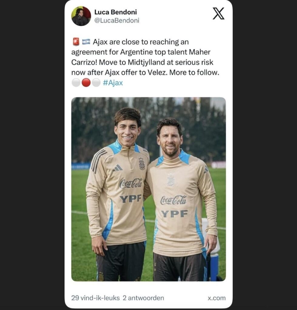[Luca Bendoni - Sky Italia] Ajax are close to reaching an agreement for Argentine top talent Maher Carrizo. Move to Midtjylland at serious risk now after Ajax offer to Velez. More to follow.