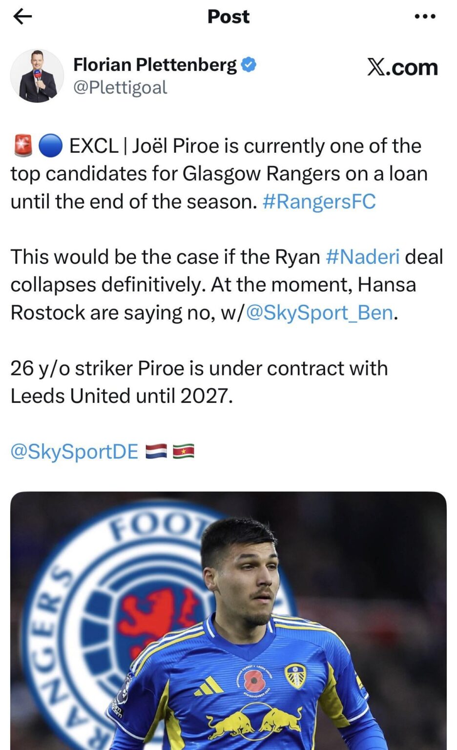 [Florian Plettenberg] Rangers in talks with Leeds over loan of Joel Piroe if Ryan Naderi move falls through