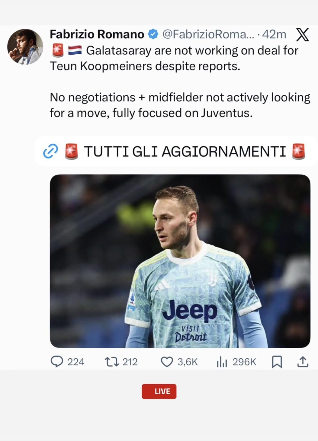 Galatasaray are not working on a deal for Teun Koopmeiners despite reports.