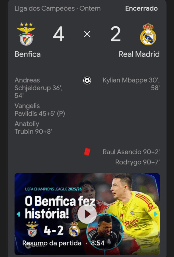 Olá, sou do Brasil, estava a assistir o jogo ontem, vocês fizeram história, os meus parabéns, foi uma partida épica, eu comemorei junto cada golo do Benfica, meu total respeito a torcida e ao Benfica. Desejo sucesso para a sequência da temporada.