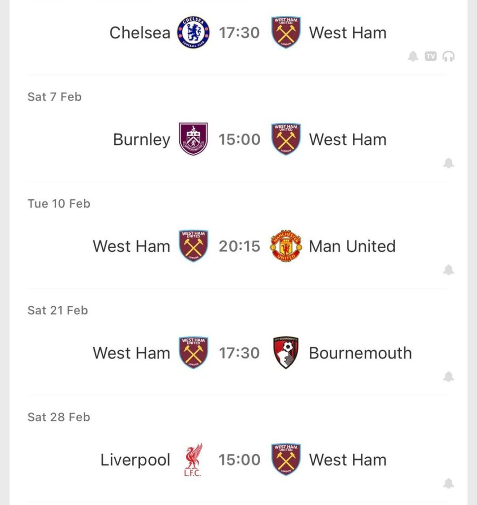 Next 5 fixtures West Ham, Palace, Forest, Spuds