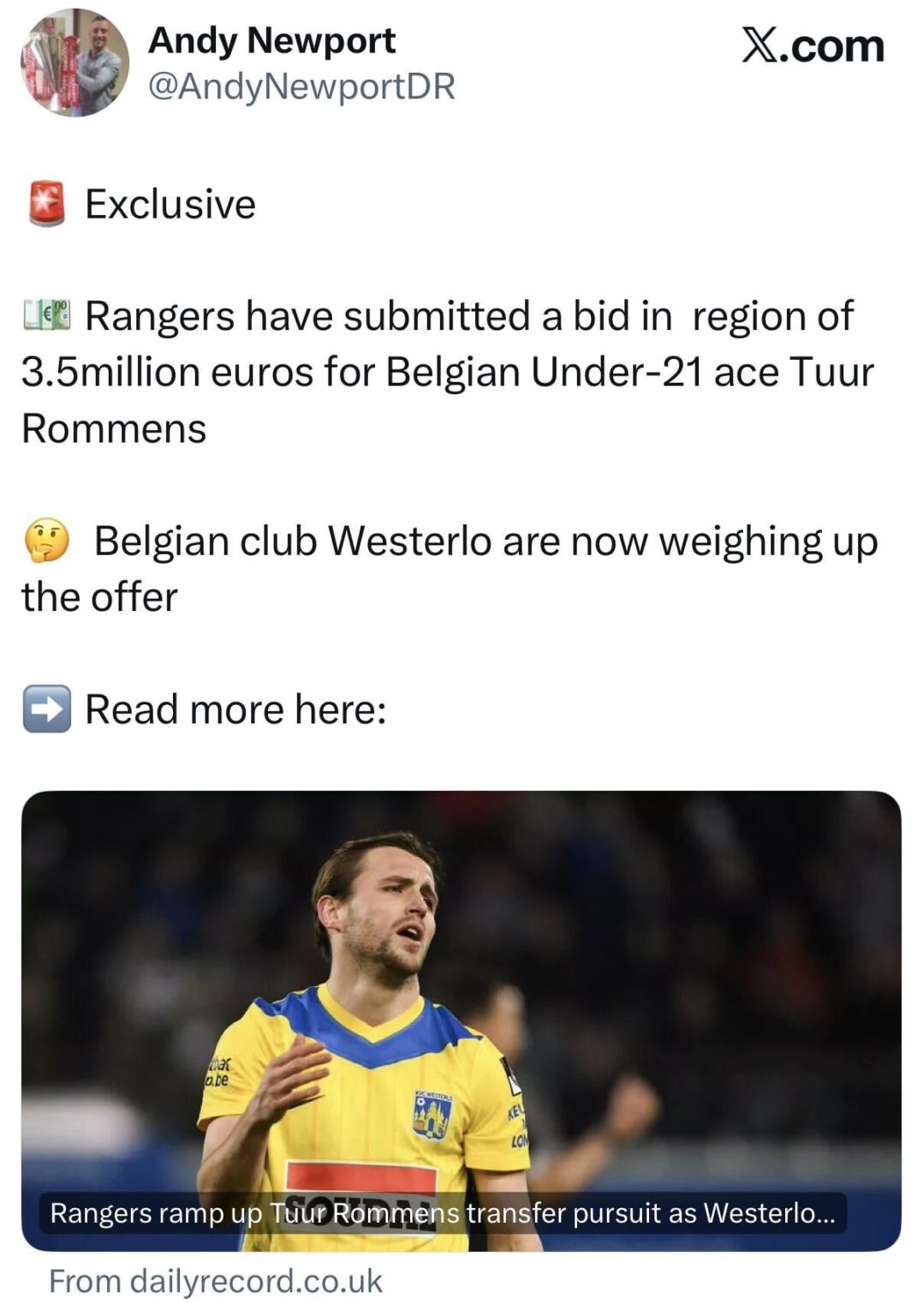 [Andy Newport] Rangers have submitted a bid in region of 3.5million euros for Belgian Under-21 ace Tuur Rommens