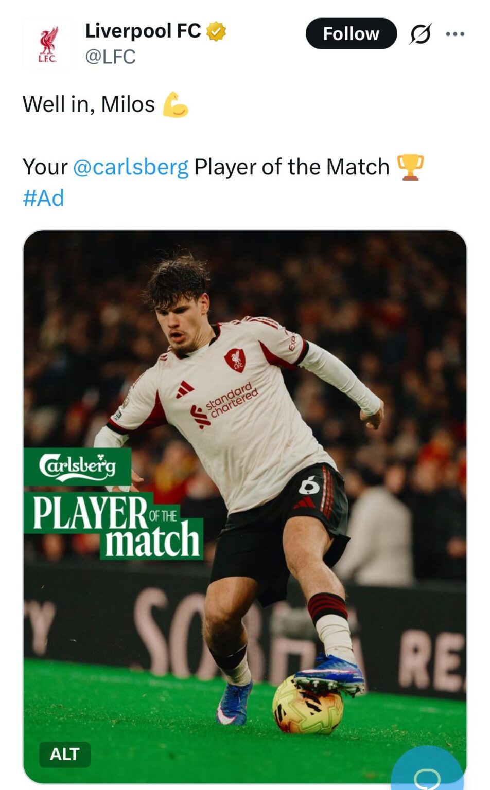 [Liverpool FC] Well in, Milos 💪 Your @carlsberg Player of the Match 🏆