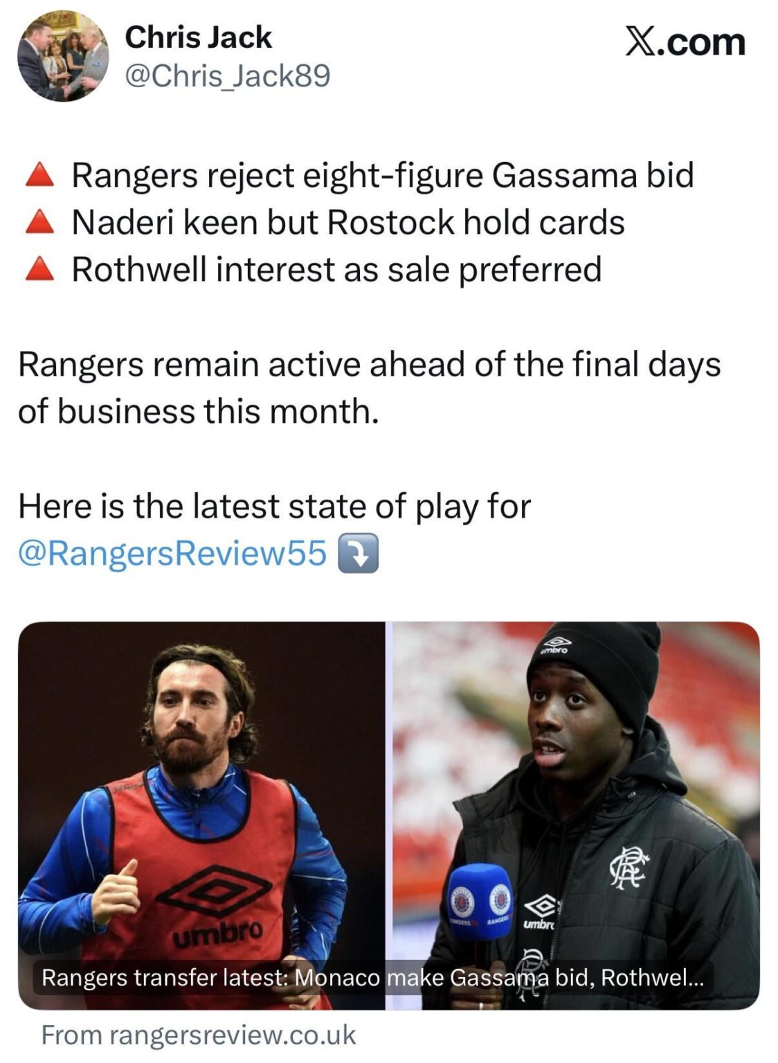 [Chris Jack] Rangers reject eight-figure obligation to buy loan for Djeidi Gassama from Monaco. Naderi transfer depends on Hansa Rostock finding a replacement.