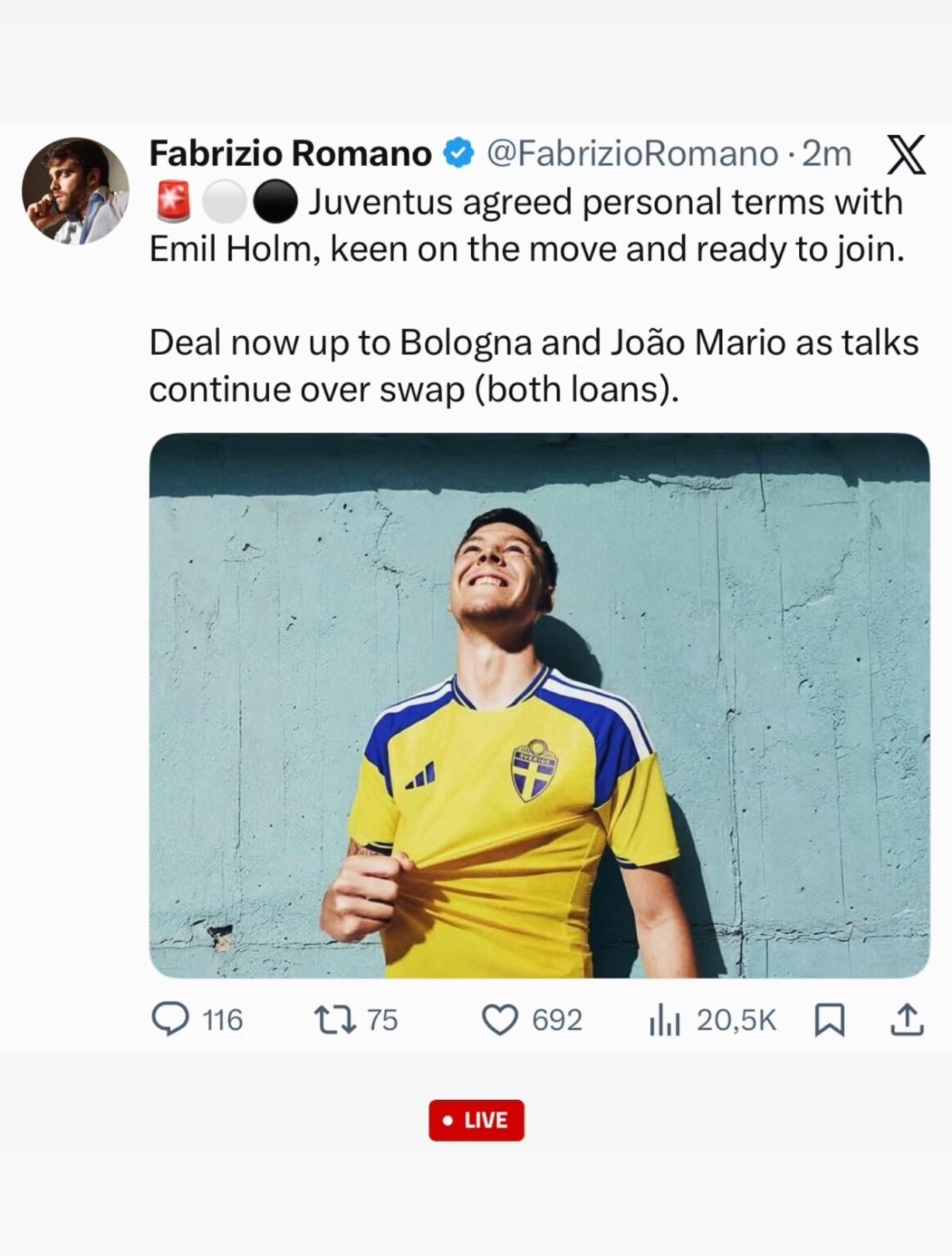 Juventus agreed personal terms with Holm, up to Bologna to agree with Joao Mario