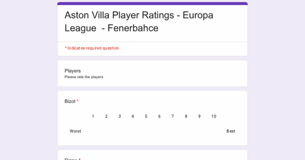 Aston Villa Player Ratings - Fehnerbahce