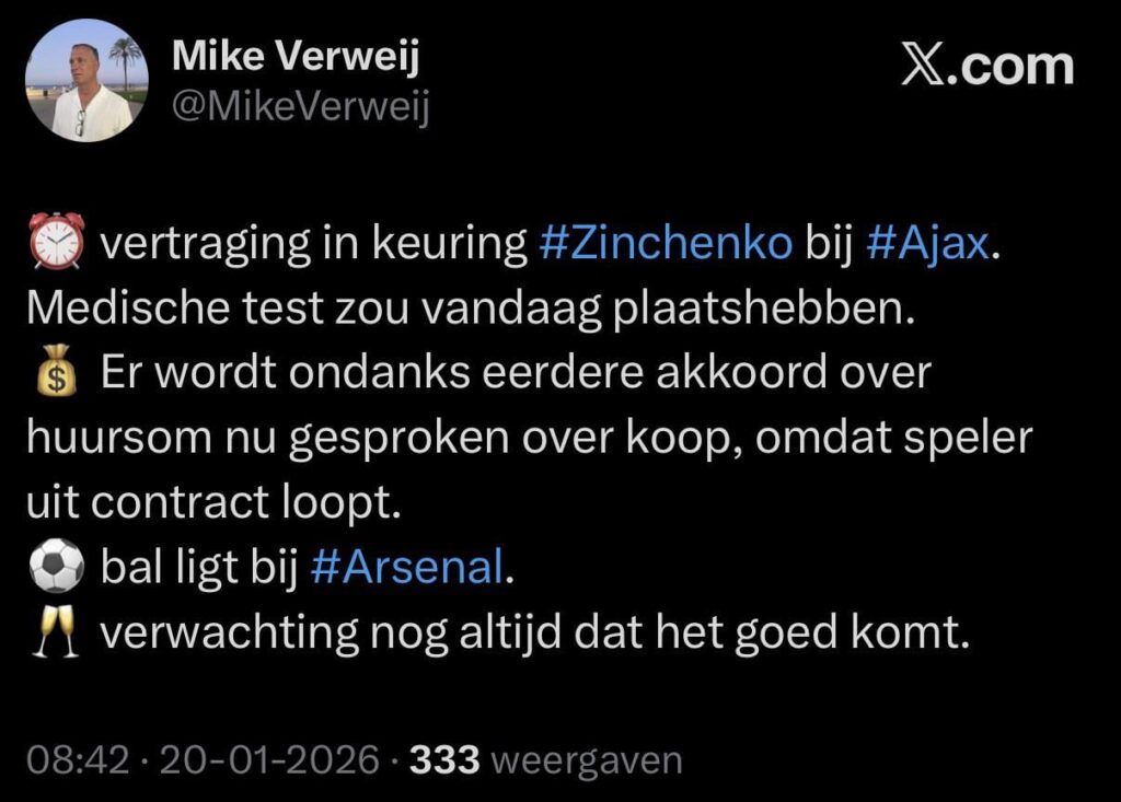 Delay in transfer Zinchenko, who was scheduled for medicals today. Despite earlier agreement on loan fee, talks are now focusing on permanent transfer due to his contract expiring next summer. The ball is in Arsenal's court. Expectations remain high that the deal will go through.
