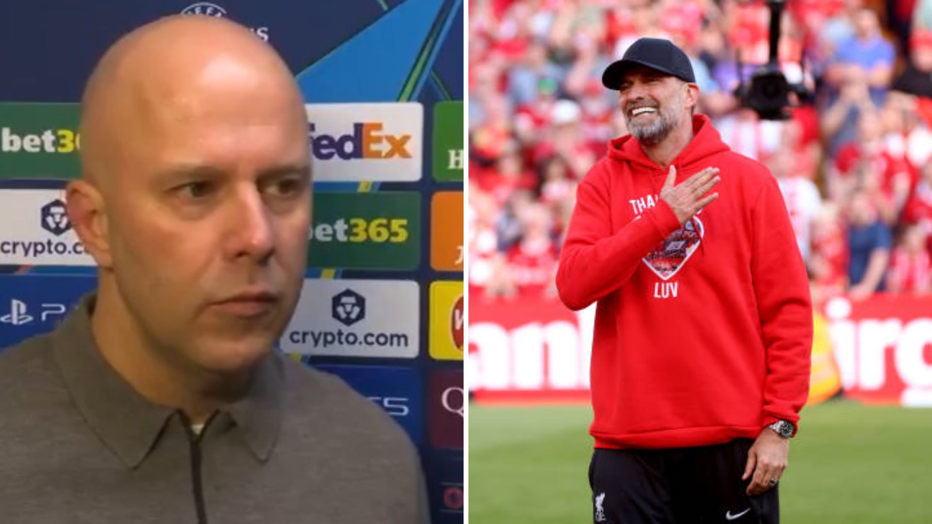Split image of Arne Slot and Jurgen Klopp
