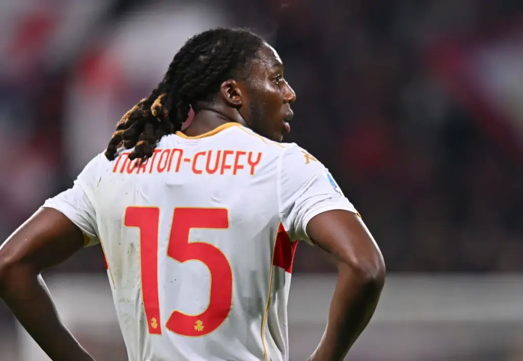 Everton, Newcastle And West Ham Approach Serie A Star Brooke Norton-Cuffy looks on during a Genoa game, seen from behind with his name and the number 15 visible