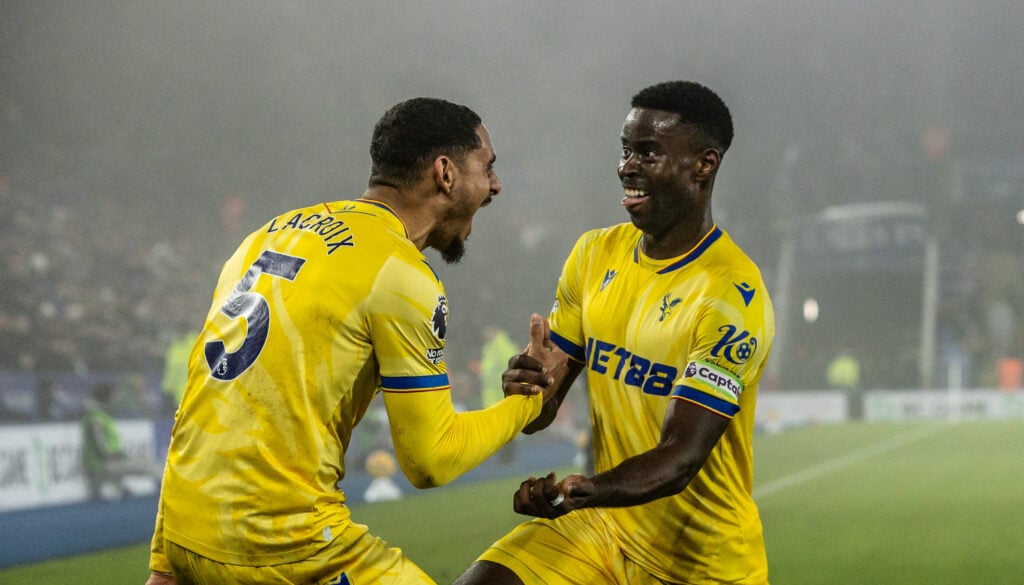 Crystal Palace's Marc Guehi (right) celebrates scoring his side's second goal with team mate Maxence Lacroix competing with Leicester City's during the Premier League match between Leicester City FC and Crystal Palace FC at The King Power Stadium