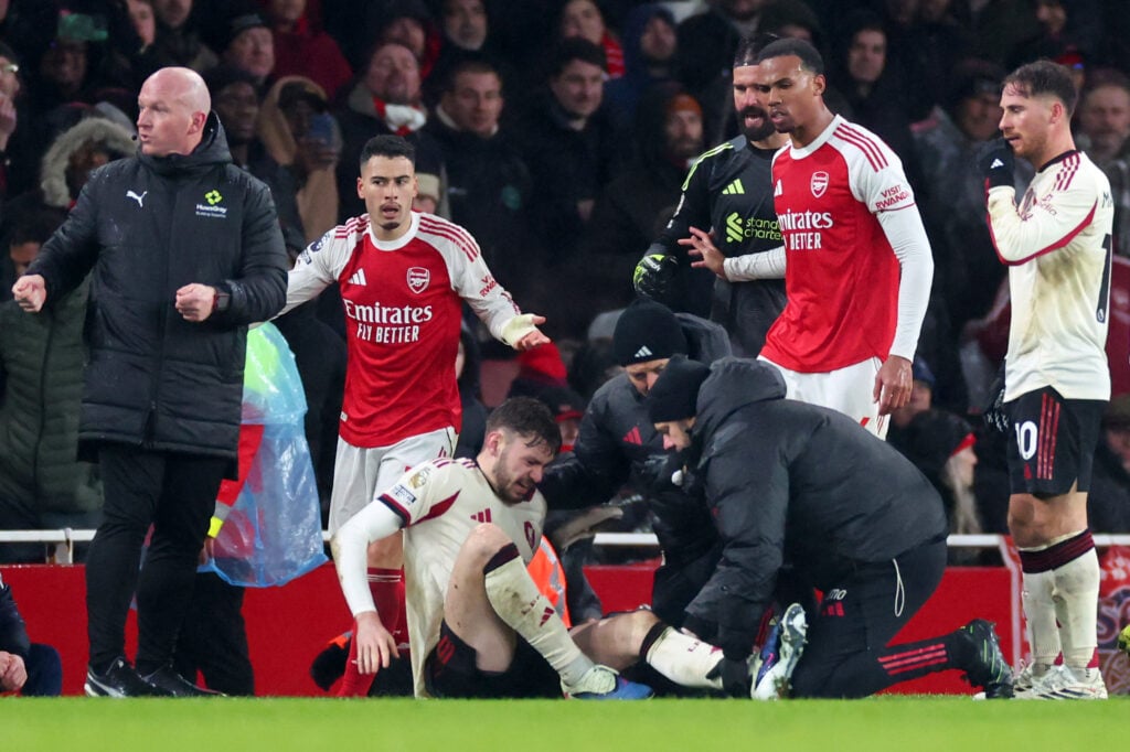 Gabriel Martinelli appeals while Liverpool's Conor Bradley sits injured during the Premier League match between the two teams at the Emirates Stadium.