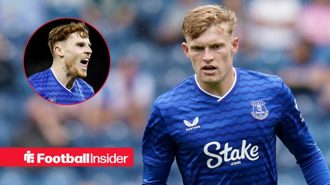 Jarrad Branthwaite playing for Everton, Jake O'Brien in a circular inset