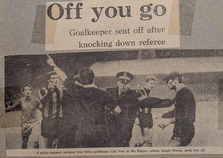A police sergeant restrains Inter Milan goalkeeper Lido Vieri as Belgian referee Joseph Minnoy sends him off (Photo courtesy of Grant Reed)