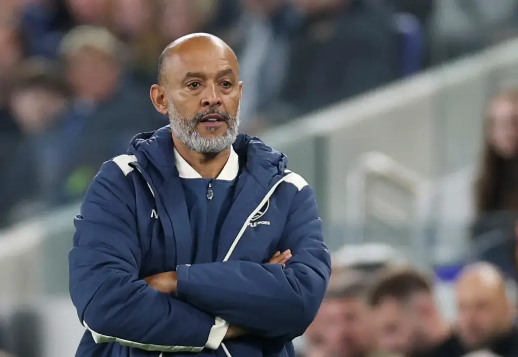 Nuno stands with his arms folded, watching his West Ham United team play