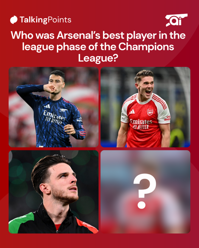 Images of Gabriel Martinelli, Viktor Gyokeres, Declan Rice and a question mark with the question: Who was Arsenal's best player in the league phase of the Champions League?