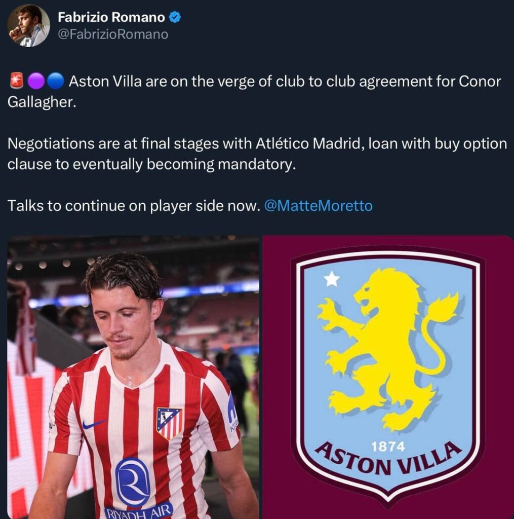 [Matteo Moretto] Villa close to signing Conor Gallagher