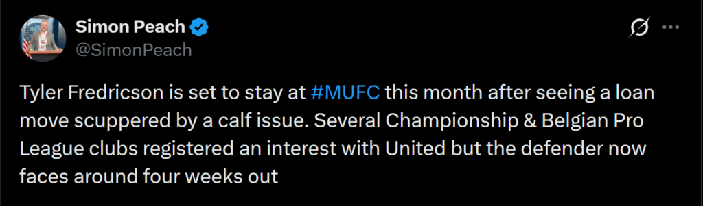 Tyler Fredricson is set to stay at #MUFC this month after seeing a loan move scuppered by a calf issue. Several Championship & Belgian Pro League clubs registered an interest with United but the defender now faces around four weeks out [Simon Peach]