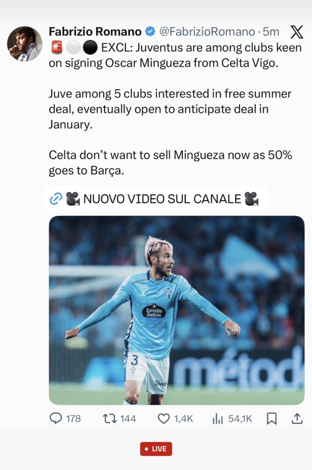 EXCL: Juventus are among clubs, keen on signing Oscar Mingueza from Celta Vigo.