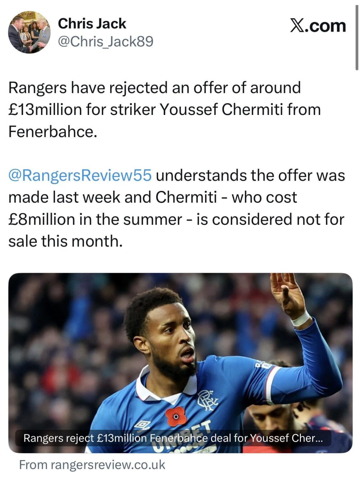 [Chris Jack] Rangers reject £13m for Chermiti