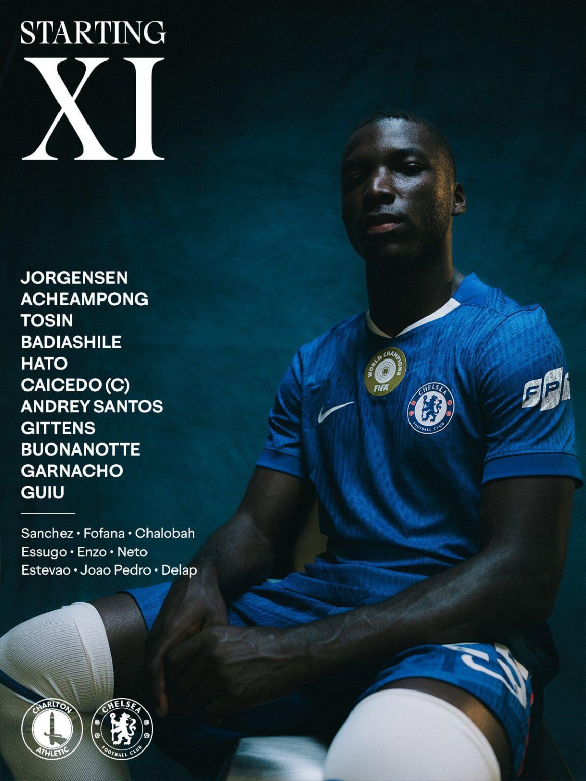 Chelsea Lineup vs Charlton: Jorgensen, Acheampong, Tosin, Badiashile, Hato, Caicedo (C), Andrey Santos, Gittens, Buonanotte, Garnacho, Guiu