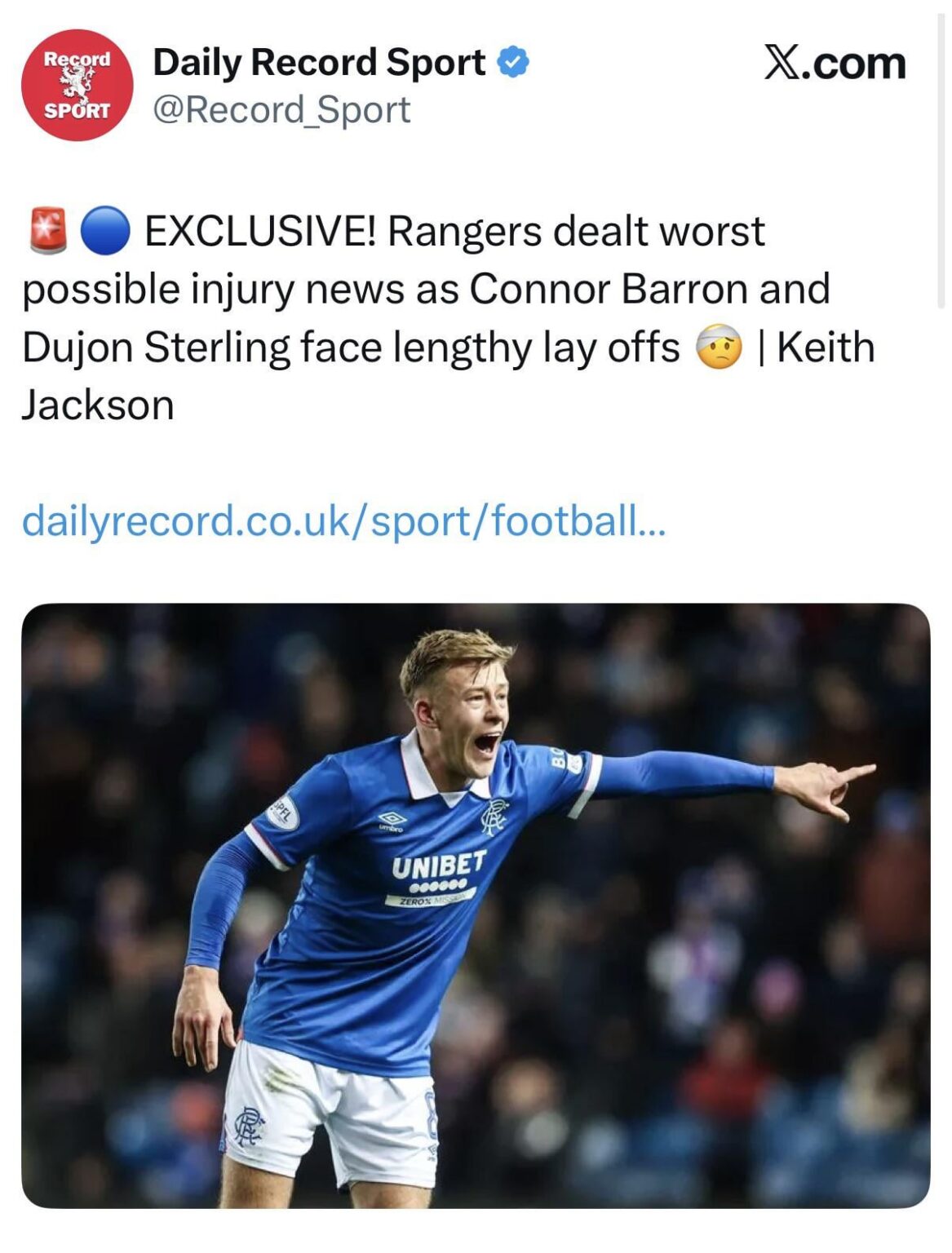 [Daily Record] Connor Barron out until March with knee injury & Dujon Sterling’s injured his hamstring