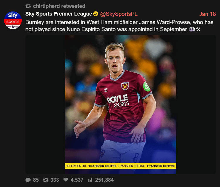 [Sky Sport PL] Burnley are interested in West Ham midfielder James Ward-Prowse, who has not played since Nuno Espirito Santo was appointed in September 👀⚒