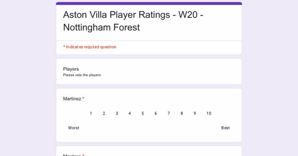 Player Ratings Survey - W20 - Nottingham Forest