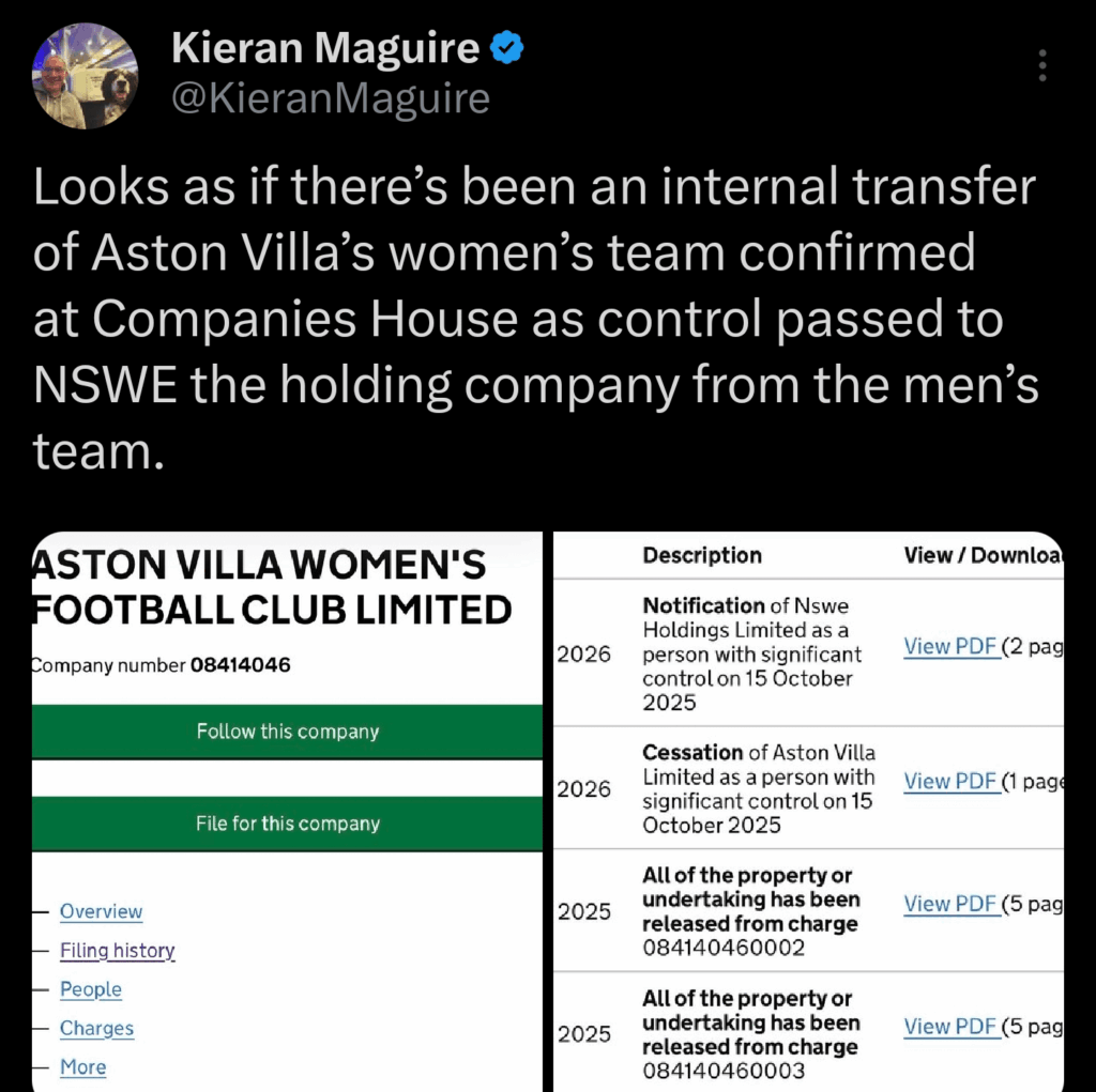Aston Villa Women's Team sale goes through. NSWE now control it.