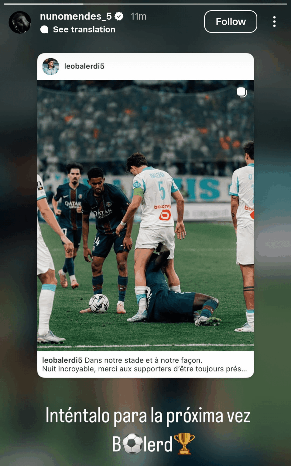 Nuno Mendes story on Instagram 😭