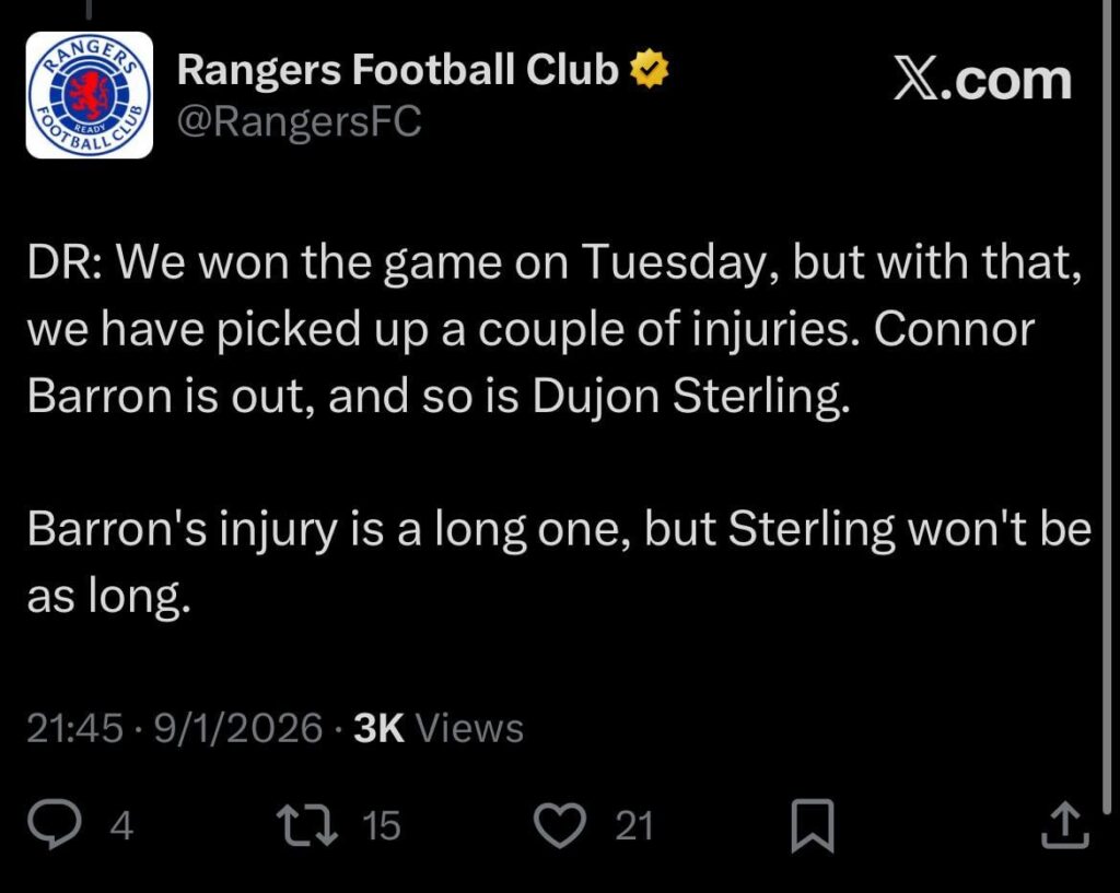 Connor Barron out for 8-12 weeks. Dujon Sterling out for 3 weeks.