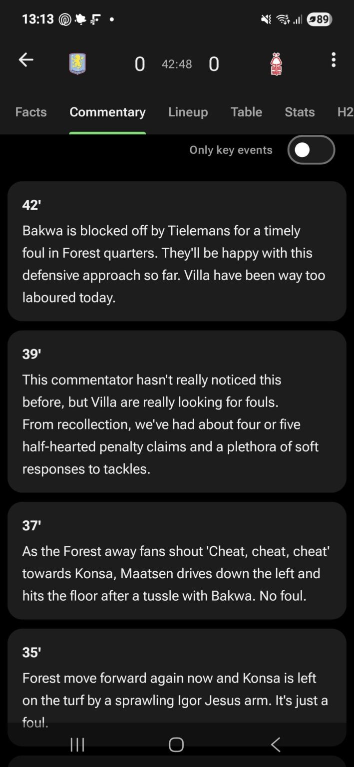 The Fotmob commentary has even said we're looking for fouls