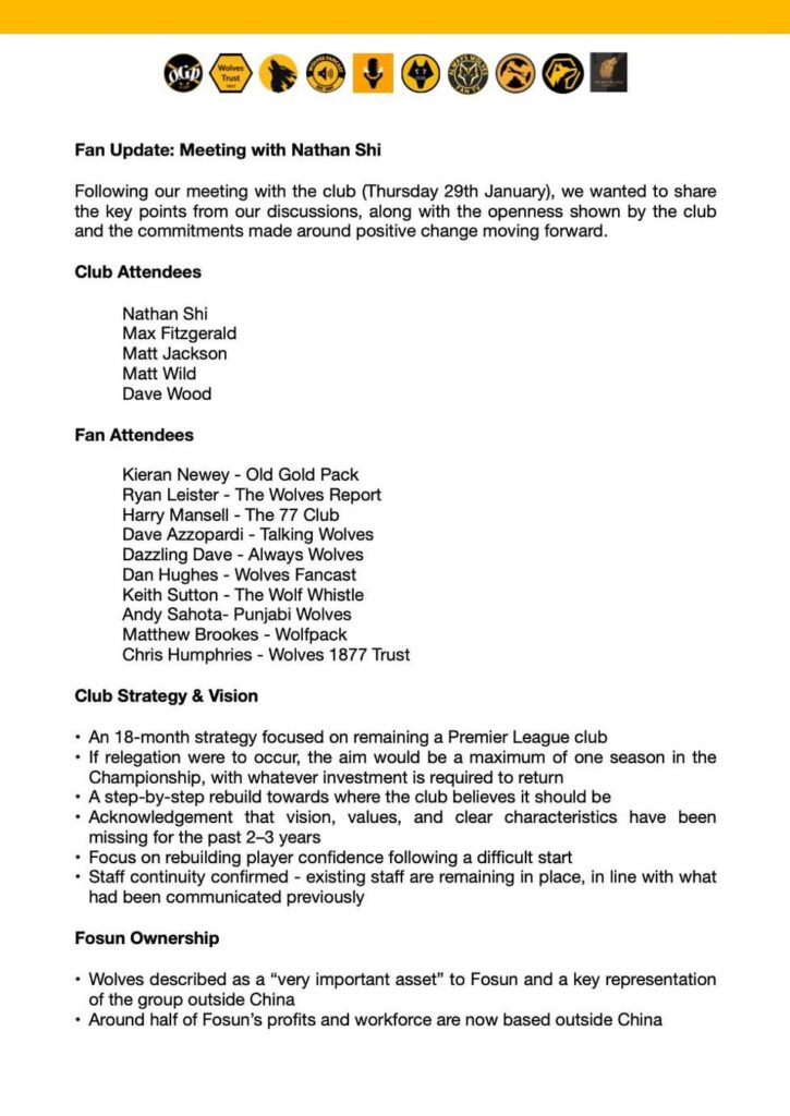 Minutes from the fan groups meeting with Nathan Shi