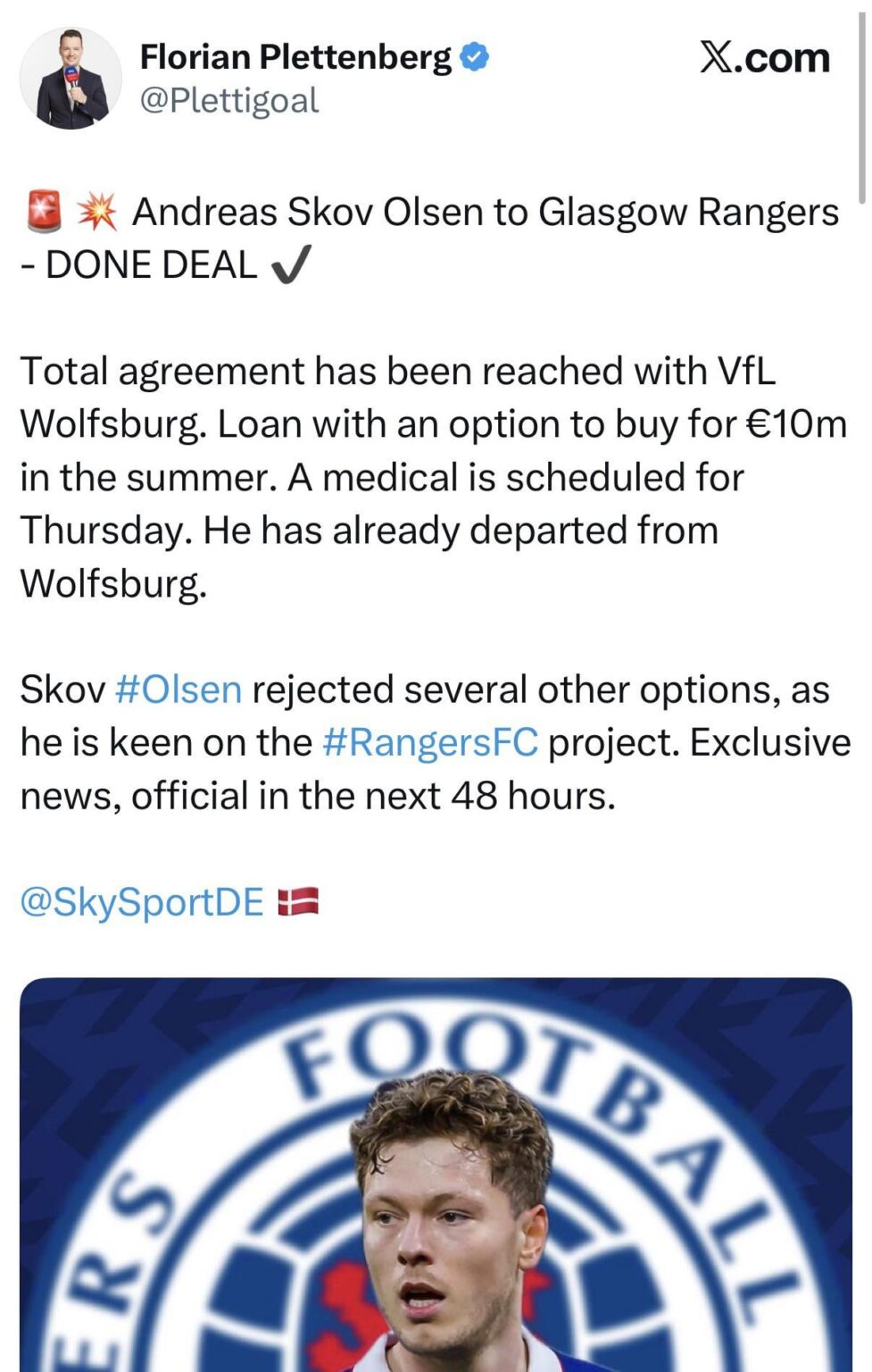 Andreas Skov Olsen deal done. Option to buy for €10m