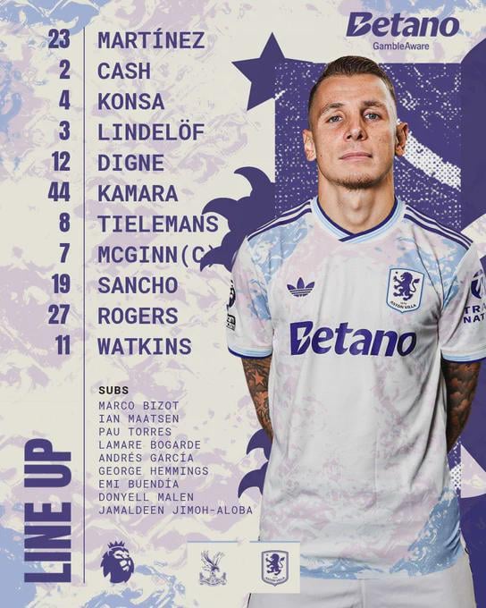 AVFC lineup vs. Crystal Palace: Martinez, Cash, Konsa, Lindelof, Digne, Kamara, Tielemans, McGinn (c), Sancho, Rogers, Watkins