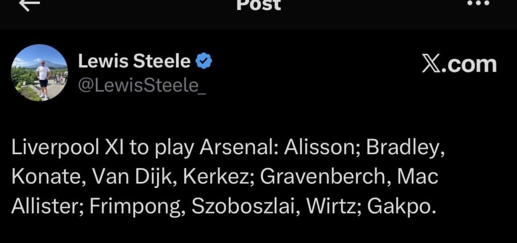 Liverpool XI to play Arsenal: Alisson; Bradley, Konate, Van Dijk, Kerkez; Gravenberch, Mac Allister; Frimpong, Szoboszlai, Wirtz; Gakpo.