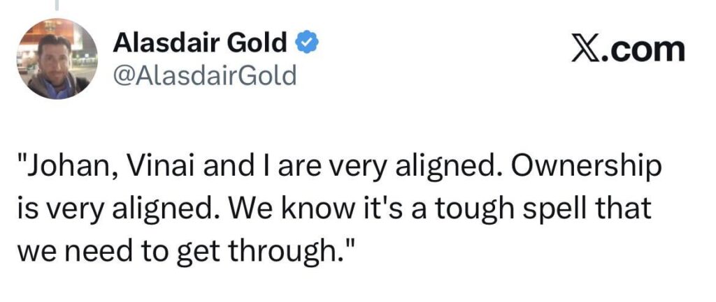 [Alasdair Gold] Thomas Frank: “Johan, Vinai and I are very aligned. Ownership is very aligned. We know it's a tough spell that we need to get through."