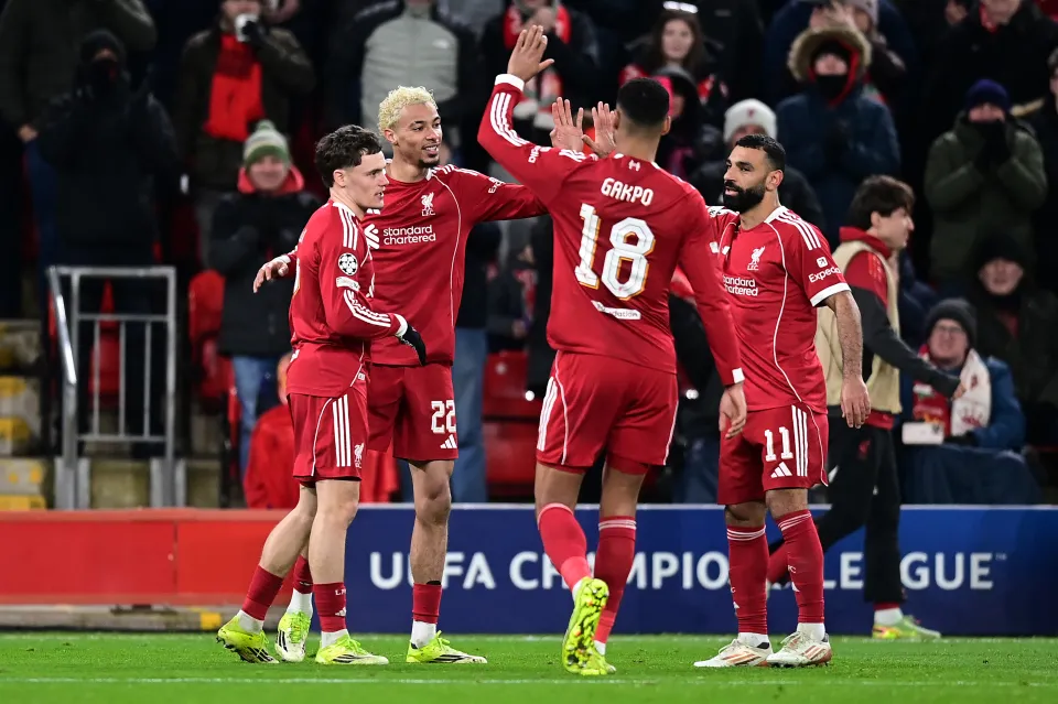 Liverpool’s Hugo Ekitike celebrates scoring his side’s fifth goal with his team-mates during the UEFA Champions League 2025/26 League Phase MD8 match between Liverpool FC and Qarabag FK at Anfield on January 28, 2026 in Liverpool, England.