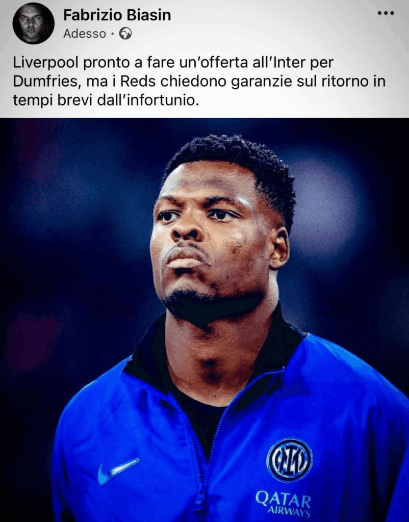 Biasin: Liverpool are ready to make an offer to Inter for Dumfries, but the Reds are asking for guarantees regarding a quick return from his injury