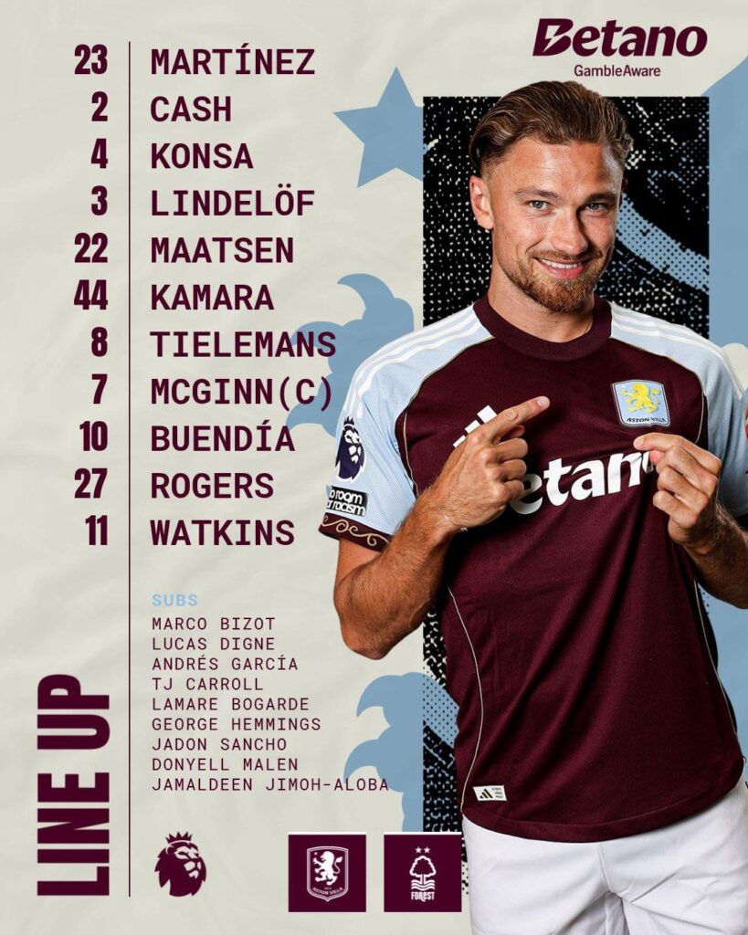 Lineup v Forest | Martinez Cash Konsa Lindelof Maatsen Kamara Tielemans McGinn Buendia Rogers Watkins