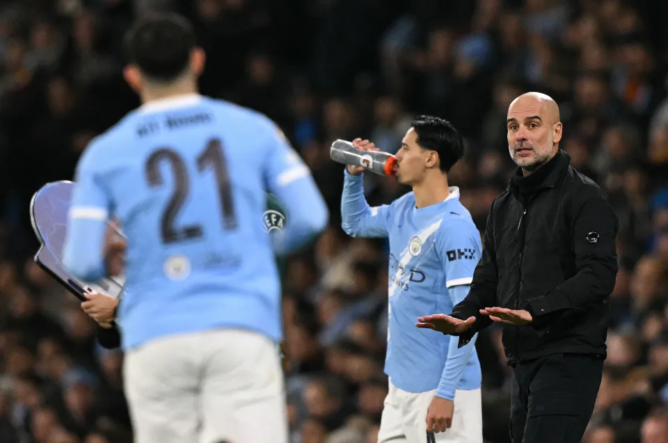 Manchester City’s Spanish manager Pep Guardiola gestures during the UEFA Champions League football match between Manchester City and Galatasaray at the Etihad Stadium in Manchester, north west England, on January 28, 2026.