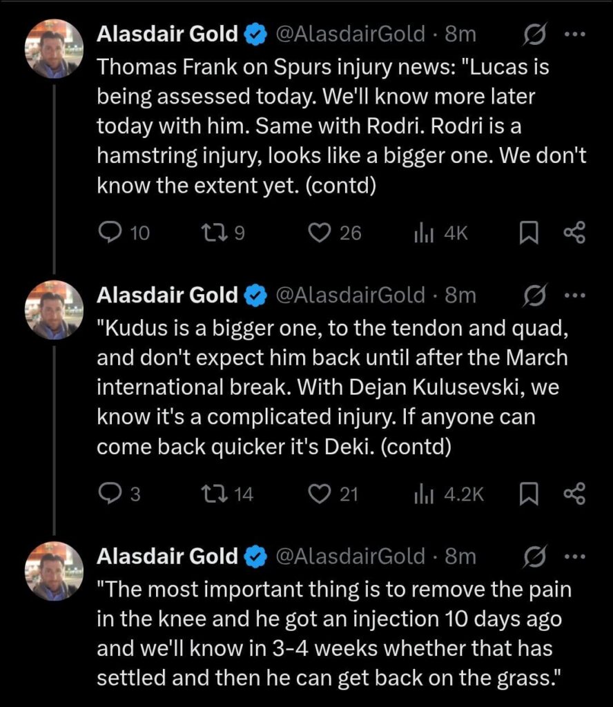 Thomas Frank Injury Update. Kudus set to be sidelined for two months as others still wait assessment.