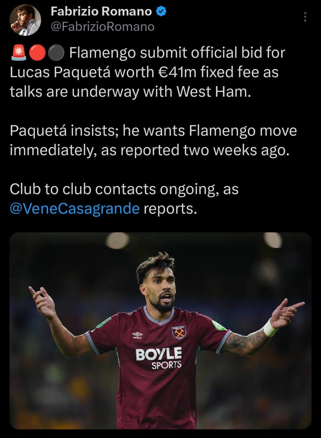 [Romano] 🚨🔴⚫️ Flamengo submit official bid for Lucas Paquetá worth €41m fixed fee as talks are underway with West Ham. Paquetá insists; he wants Flamengo move immediately, as reported two weeks ago. Club to club contacts ongoing, as @VeneCasagrande reports.