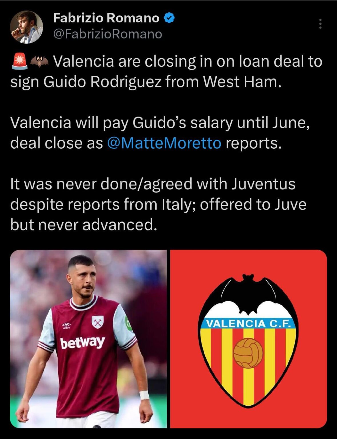 [Romano] 🚨🦇 Valencia are closing in on loan deal to sign Guido Rodriguez from West Ham. Valencia will pay Guido’s salary until June, deal close as @MatteMoretto reports. It was never done/agreed with Juventus despite reports from Italy; offered to Juve but never advanced.