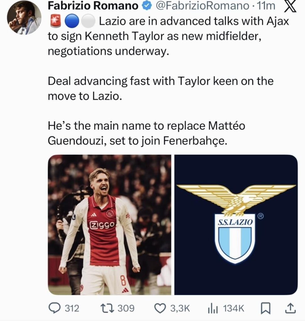 [Fabrizio Romano] Lazio are in advanced talks with Ajax to sign Kenneth Taylor as new midfielder, negotiations underway. Deal advancing fast with Taylor keen on the move to Lazio. He's the main name to replace Mattéo Guendouzi, set to join Fenerbahçe.