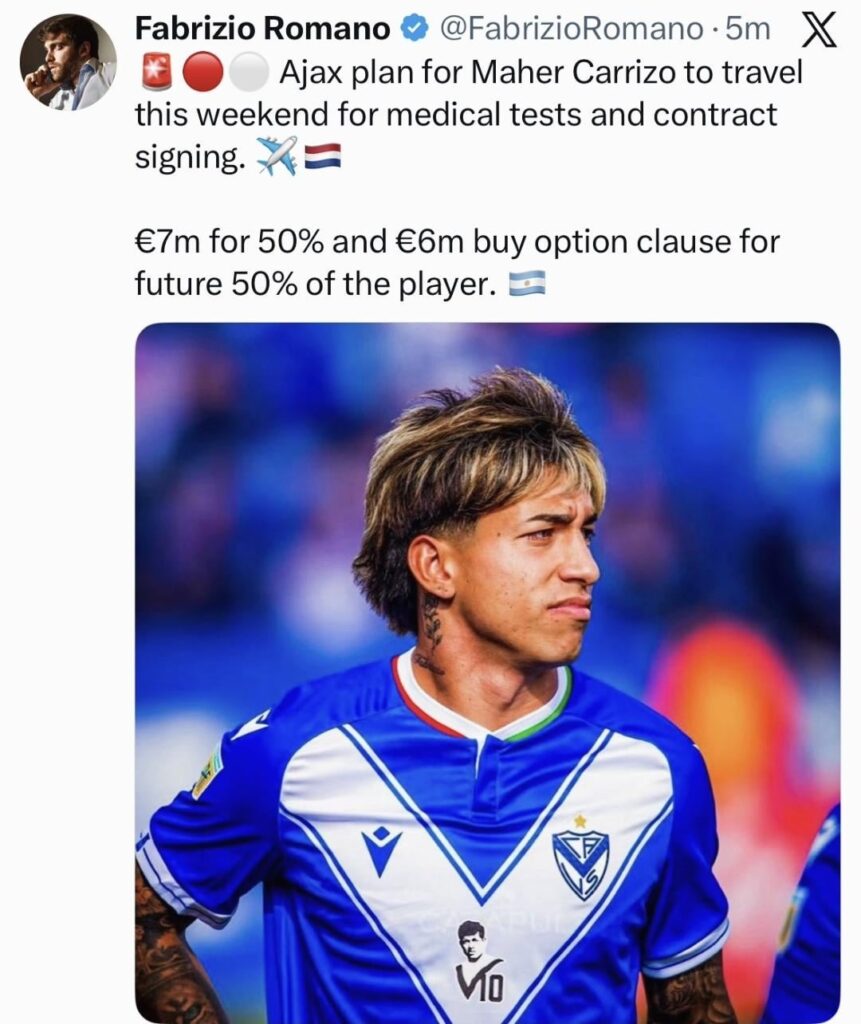 [Fabrizio Romano] Ajax plan for Maher Carrizo to travel this weekend for medical tests and contract signing. €7m for 50% and €6m buy option clause for future 50% of the player.