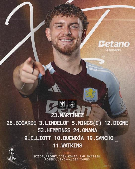 Lineup vs. RB Salzburg: Martinez, Bogarde, Linfelof, Mings (c), Digne, Hemmings, Onana, Elliott, Buendia, Sancho, Watkins