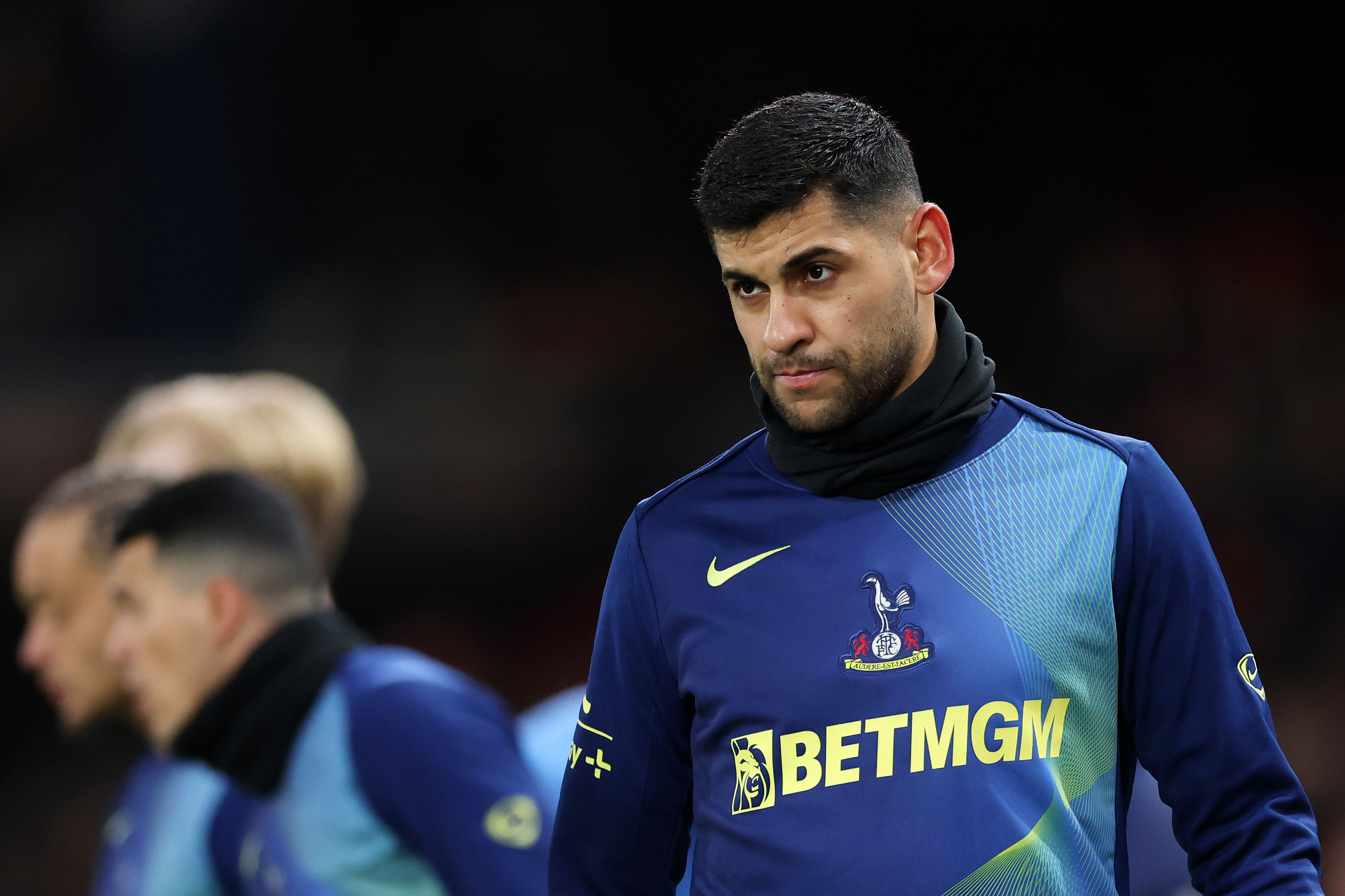 BOURNEMOUTH, ENGLAND - JANUARY 07: Cristian Romero of Tottenham Hotspur warms up prior to the Premier League match between Bournemouth and Tottenham Hotspur at Vitality Stadium on January 07, 2026 in Bournemouth, England. (Photo by Michael Steele/Getty Images)