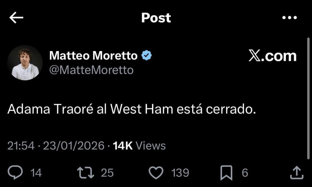 [Matteo Moretto] Adama Traoré to West Ham is a done deal...apparently