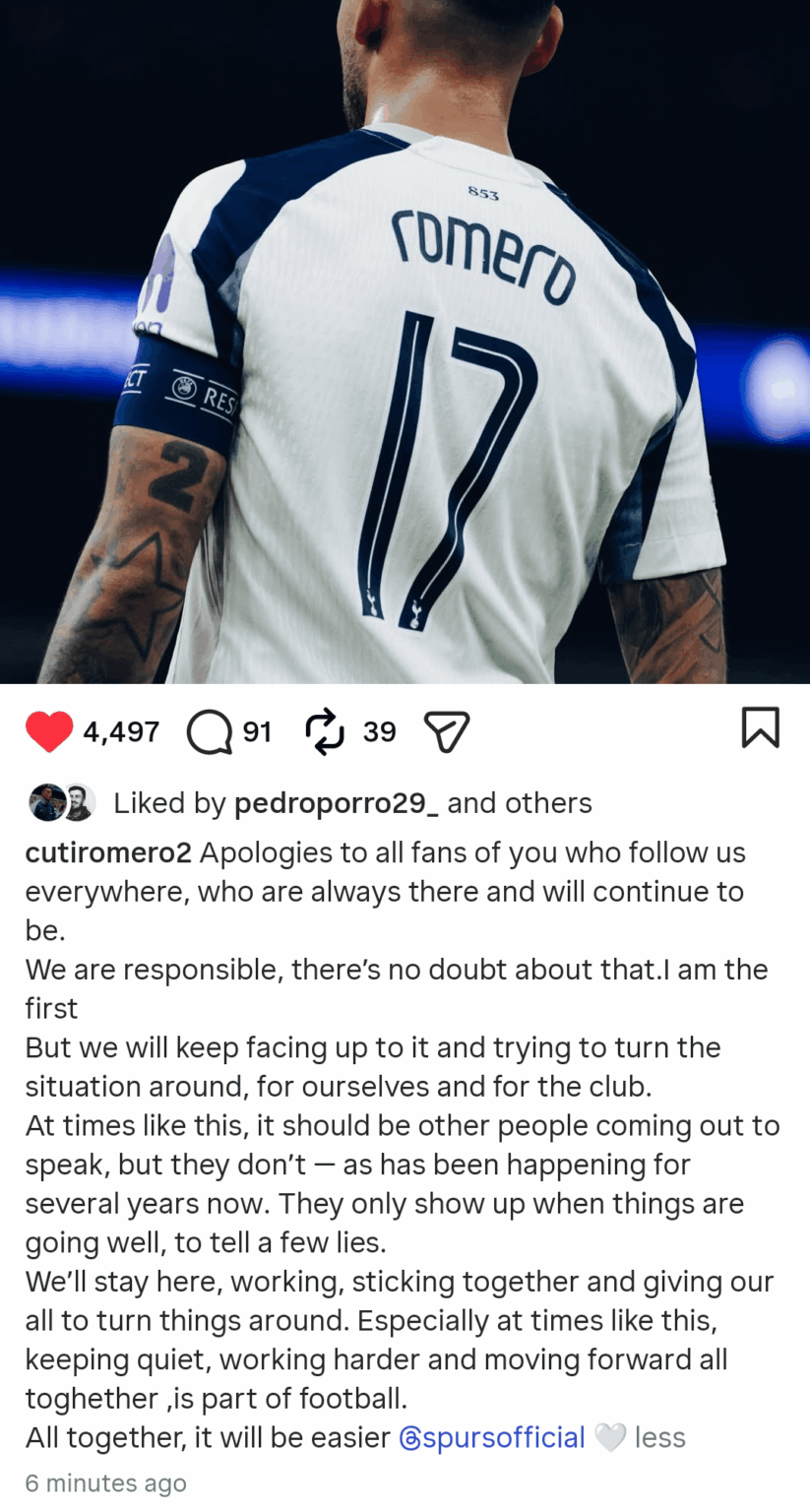 Cristian Romero on Instagram: "[...] At times like this, it should be other people coming out to speak, but they don't — as has been happening for several years now. They only show up when things are going well, to tell a few lies."